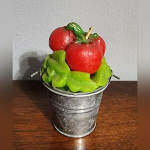 Candle Bucket of Tomatoes 3.5" High Red, Green, Silver Bucket